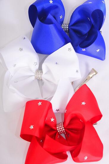 Hair Bow Jumbo Star Studded Patriotic Red White Royal Blue Mix Grosgrain Bow-tie / 12 pcs Bow = Dozen Alligator Clip , Size - 6" x 5" Wide , 4 of each Pattern Asst , Clip Strip & UPC Code