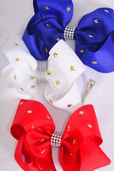 Hair Bow Jumbo 4th of July Patriotic Gold Star Studded Red White  Royal Blue Mix Grosgrain Bow-tie / 12 pcs Bow = Dozen Alligator Clip , Size-6"x 5" Wide , 4 Of each Pattern Asst , Clip Strip & UPC Code