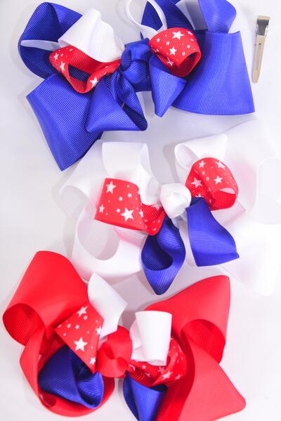 Hair Bow Jumbo Double Layered 4th of July Patriotic-Star Grosgrain Bow-tie / 12 pcs Bow = Dozen  Alligator Clip , Bow-6"x 6" Wide , 4 of each Pattern Asst , Clip Strip & UPC Code