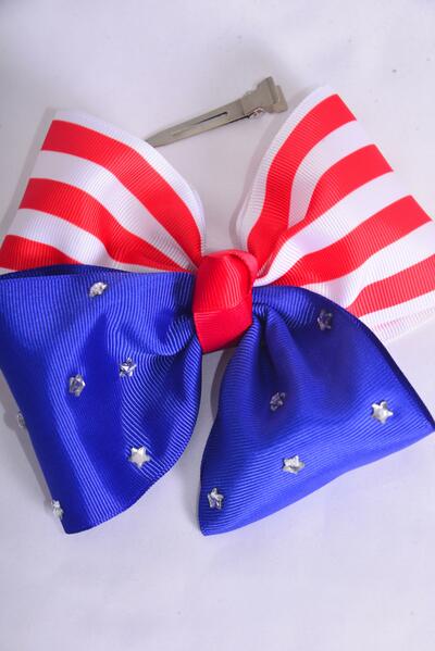 Hair Bow Jumbo Patriotic Studded Stripe Stars Mix Grosgrain Bow-tie / 12 pcs Bow = Dozen Alligator Clip , Bow - 6" x 5" Wide , Clip Strip & UPC Code