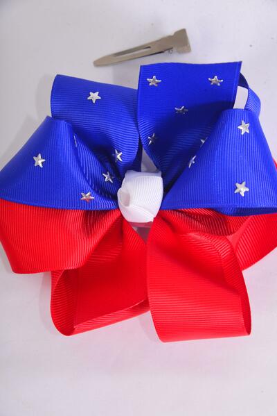 Hair Bow Jumbo Patriotic Silver Star Studded Grosgrain Bow-tie / 12 pcs Bow = Dozen Alligator Clip , Bow - 6" x 5" Wide , Clip Strip & UPC Code