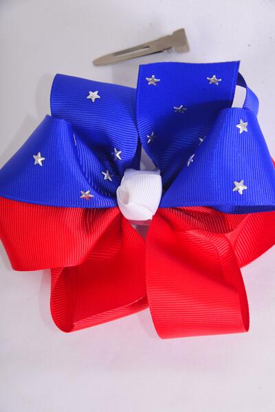 Hair Bow Jumbo Patriotic Silver Star Studded Grosgrain Bow-tie / 12 pcs Bow = Dozen Alligator Clip , Bow - 6" x 6" Wide , Clip Strip & UPC Code