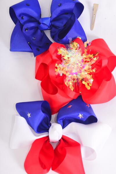 Hair Bow Jumbo Patriotic Stars Grosgrain Bow-tie / 12 pcs Bow = Dozen  Alligator Clip , Bow - 6 " x 5" Wide , 4 Of Each Pattern Asst , Clip Strip & UPC Code