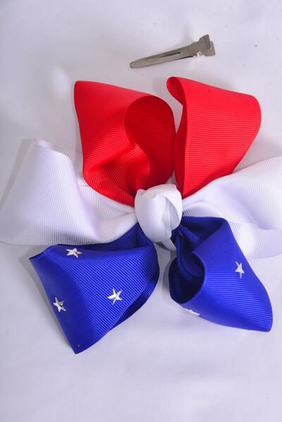 Hair Bow Jumbo Patriotic Silver Star Studded Grosgrain Bow-tie / 12 pcs Bow = Dozen Alligator Clip , Bow - 6" x 6" Wide , Clip Strip & UPC Code