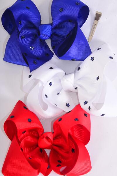 Hair Bow Jumbo 4th of July Patriotic Studded Blue Stars Grosgrain Bow-tie / 12 pcs Bow = Dozen Alligator Clip , Size-6"x 5" Wide , 4 of each Pattern Asst , Clip Strip & UPC Code