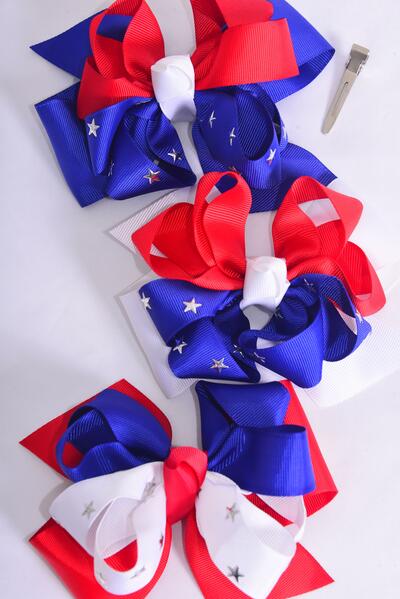 Hair Bow Jumbo Double Layered Silver Star Studded 4th of July Patriotic Grosgrain Bow-tie / Star , Patriotic , 4th of July , 12 pcs Bow = Dozen Alligator Clip , Bow-6"x 6" Wide , 4 Of Each Pattern Asst , Clip Strip & UPC Code