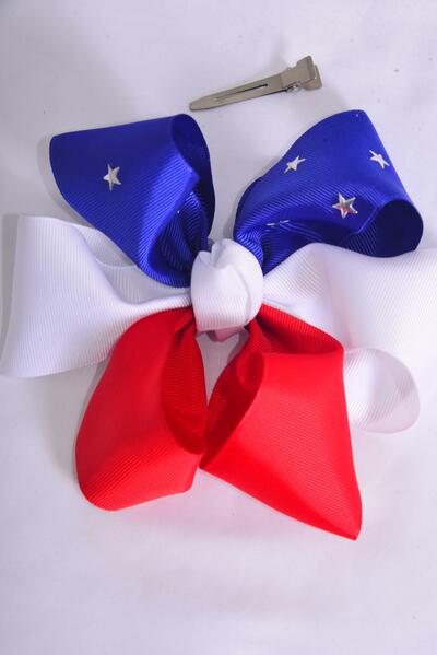 Hair Bow Jumbo Silver Star Studded Patriotic Grosgrain Bow-tie / 12 pcs Bow = Dozen Alligator Clip , Bow-6"x 6" Wide , Clip Strip & UPC Code