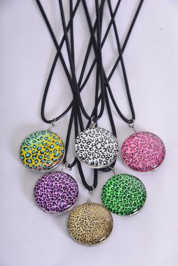 Necklace Leopard Double Sided Glass Dome Multi / 12 pcs = Dozen Pendant Size - 1.25" Wide , Necklace 18" Long Extension Chain , 2 of each Pattern Asst , Hang Tag & OPP Bag & UPC Code
