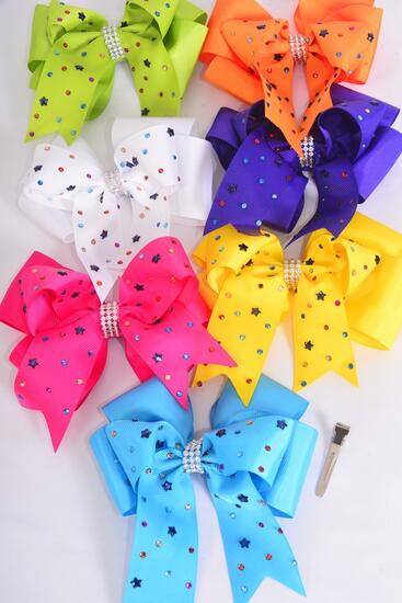 Hair Bow Jumbo Double Layered Studded Star Grosgrain Bow-tie Citrus / 12 pcs bow = Dozen Alligator Clip , Size - 6" x 5" Wide , 2 Fuchsia , 2 Blue , 2 Yellow , 2 Purple , 2 White , 1 Lime , 1 Orange Color Asst , Clip Strip & UPC Code