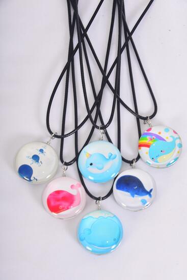 Necklace Whale Double Sided Glass Dome / 12 pcs = Dozen  match 03438 Pendant Size-1.25" Wide , Necklace 18" Long Extension Chain , 2 of each Pattern Asst , Hang Tag & OPP Bag & UPC Code