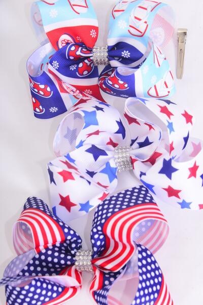 Hair Bow Jumbo 4th of July Patriotic Flag & Stars Flip Flop Mix Grosgrain Bow-tie / 12 pcs Bow = Dozen Alligator Clip , Bow-6"x 5" Wide , 4 Of Each Pattern Asst , Clip Strip & UPC Code