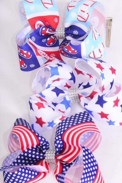 Hair Bow Jumbo 4th of July Patriotic Flag & Stars Flip Flop Mix Grosgrain Bow-tie / 12 pcs Bow = Dozen Alligator Clip , Bow - 6" x 5" Wide , 4 Of Each Pattern Asst , Clip Strip & UPC Code