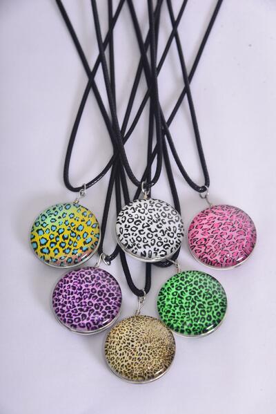Necklace Leopard Double Sided Glass Dome Multi / 12 pcs = Dozen Pendant Size - 1.25" Wide , Necklace 18" Long Extension Chain , 2 of each Pattern Asst , Hang Tag & OPP Bag & UPC Code