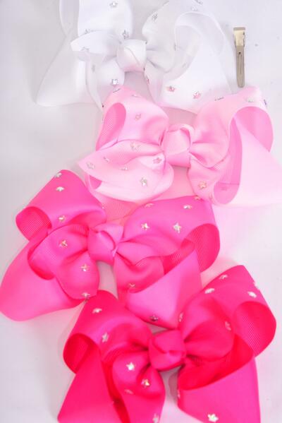 Hair Bow Jumbo Studded Iridescent Stars Pink Mix Grosgrain Bow-tie / 12 pcs Bowe = Dozen Pink Mix , Alligator Clip , Size - 6" x 5" Wide , 3 White , 3 Baby Pink , 3 Hot Pink , 3 Fuchsia Color Asst , Clip Strip & UPC Code
