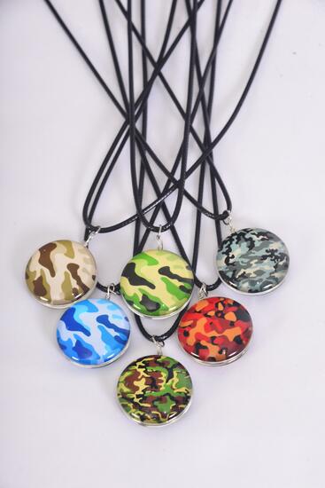 Necklace Camouflage Double Sided Glass Dome / 12 pcs = Dozen Pendant Size - 1.25" Wide , Necklace 18" Long Extension Chain , 2 of each Pattern Asst , Hang Tag & OPP Bag & UPC Code