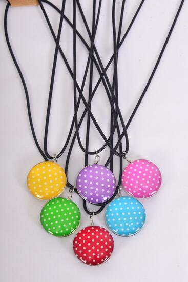 Necklace Polka dots Double Sided Glass Dome /  12 pcs = Dozen Pendant Size - 1.25" Wide , Necklace 18" Long Extension Chain , 2 of each Pattern Asst , Hang Tag & OPP Bag & UPC Code