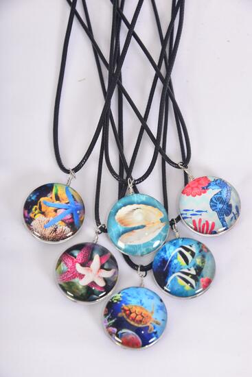 Necklace Under the Sea Ocean Creatures Double Sided Glass Dome / 12 pcs = Dozen  match 03417 Pendant Size - 1.25 inch Wide , 18" Long Extension Chain , 2 of each Pattern Asst , Hang Tag & OPP Bag & UPC Code