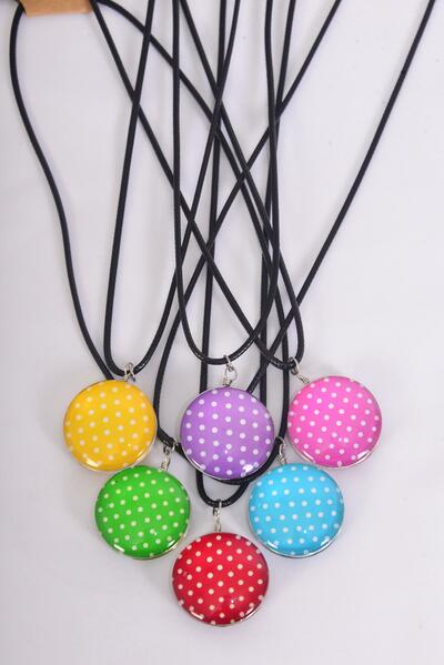 Necklace Polka dots Double Sided Glass Dome /  12 pcs = Dozen Pendant Size - 1.25" Wide , Necklace 18" Long Extension Chain , 2 of each Pattern Asst , Hang Tag & OPP Bag & UPC Code