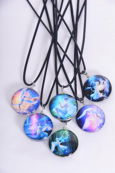 Necklace Angel Double Sided Glass Dome / 12 pcs = Dozen match 03416 Pendant Size-1.25" Wide , Necklace 18" Long Extension Chain , 2 of each Pattern Asst ,Hang Tag & OPP Bag & UPC Code