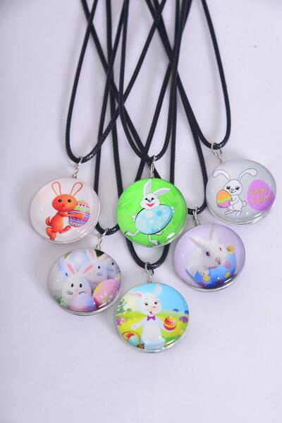 Necklace Easter Double Sided Glass Dome / 12 pcs = Dozen match 03310 Pendant Size-1.25" Wide , Necklace 18" Long Extension Chain , 2 of each Pattern Asst , Hang Tag & OPP Bag & UPC Code