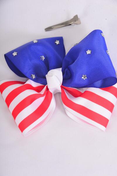 Hair Bow Jumbo 4th of July Patriotic Studded Stripe & Stars Grosgrain Bow-tie / 12 pcs Bow = Dozen  Alligator Clip , Bow-6"x 6" , Clip Strip & UPC Code