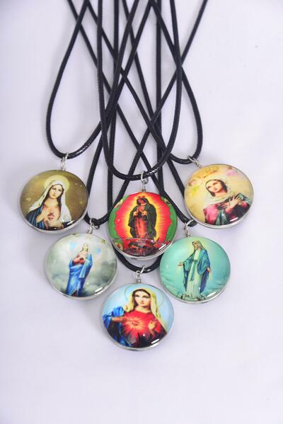 Necklace Mother Virgin Mary Double Sided Glass Dome / 12 pcs = Dozen  match 03073 Pendant Size - 1.25" Wide , Necklace 18" Long Extension Chain , 2 of each Pattern Asst , Hang Tag & OPP Bag & UPC Code