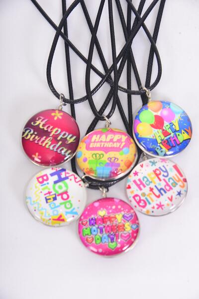 Necklace Happy Birthday Double Sided Glass Dome Multi / 12 pcs = Dozen match 03425 Pendant Size-1.25" Wide , Necklace 18" Long Extension Chain , 2 of each Pattern Asst , Hang Tag & OPP Bag & UPC Code