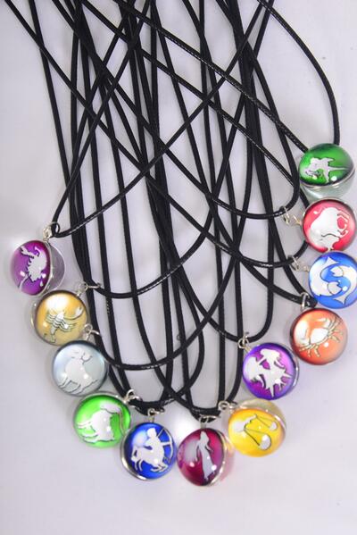Necklace Greek Myth Zodiac Sign Double Sided Glass Globe Dome / 12 pcs = Dozen  match 03434 Zodiac Sign , Pendant Size - 1.25" Wide , Necklace 18" Long Extension Chain , 12 Month Asst,Hang Tag & OPP Bag & UPC Code