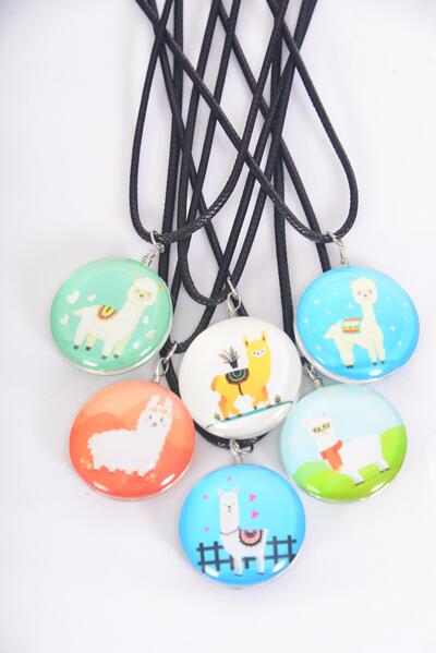 Necklace Llama Double Sided Glass Dome / 12 pcs = Dozen match 03441 Pendant Size - 1.25" Wide, Necklace 18" Long Extension Chain , 2 of each Pattern Asst , Hang Tag & OPP Bag & UPC Code