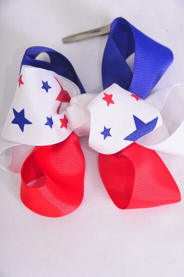 Hair Bow Jumbo Double Layered Patriotic Glitter Stars Grosgrain Bow-tie / 12 pcs Bow = Dozen Alligator Clip , Size - 6" x 5" Wide , 4 of each Pattern Asst , Clip Strip & UPC Code