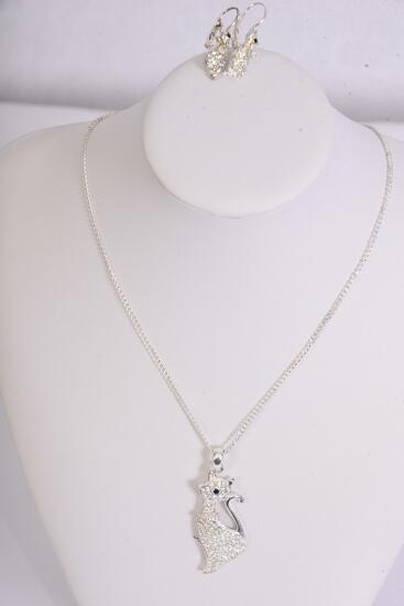 Necklace Sets Kitty Rhinestone Silver Clear / Sets Post , Cat Size - 2" x 0.75" , Display Card & OPP Bag & UPC Code
