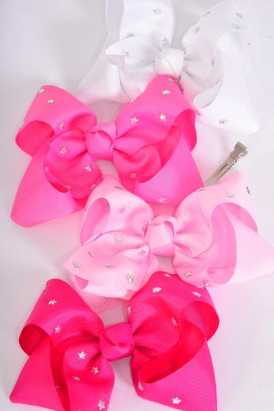 Hair Bow Jumbo Studded Iridescent Stars Pink Mix Grosgrain Bow-tie / 12 pcs Bowe = Dozen Alligator Clip , Size - 6" x 5" Wide , 3 White , 3 Baby Pink , 3 Hot Pink , 3 Fuchsia Color Asst , Clip Strip & UPC Code