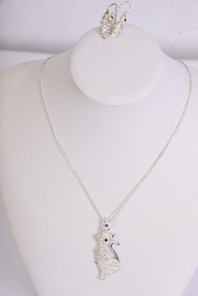 Necklace Sets Cat Rhinestone Post / Sets Post , Cat Size - 2" x 0.75", Display Card & OPP Bag & UPC Code , Choose Colors