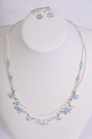 Necklace Sets Rhinestone Flowers Post Blue / Sets French Post , 18" Long , Display Card & OPP Bag & UPC Code