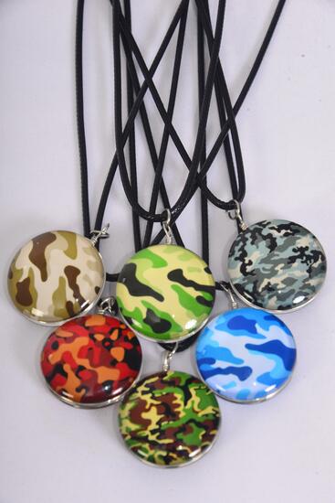 Necklace Camouflage Double Sided Glass Dome / 12 pcs = Dozen Pendant Size-1.25" Wide , Necklace 18" Long Extension Chain , 2 of each Pattern Asst , Hang Tag & OPP Bag & UPC Code
