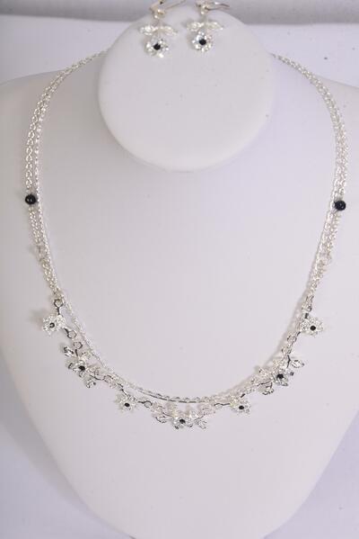 Necklace Sets Rhinestone Flowers Post/Sets Post , 18" Long , Display Card & OPP Bag & UPC Code , Choose Colors