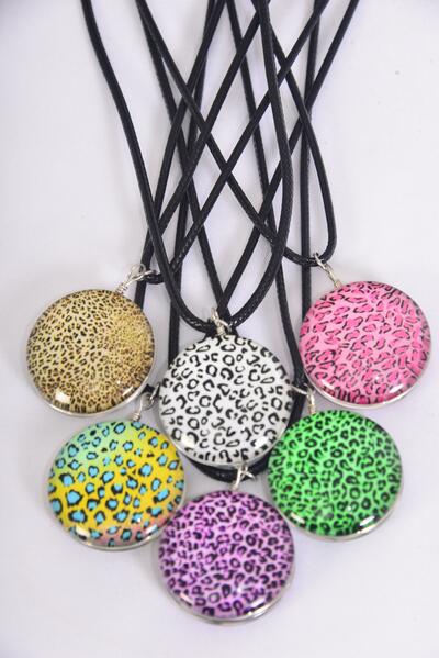Necklace Leopard Double Sided Glass Dome Multi / 12 pcs = Dozen Pendant Size-1.25" Wide , Necklace 18" Long Extension Chain , 2 of each Pattern Asst , Hang Tag & OPP Bag & UPC Code