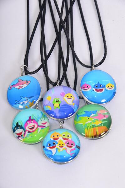 Necklace Happy Shark Under the Sea   Double Sided Glass Dome / 12 pcs = Dozen match 03439 Pendant Size - 1.25" Wide , Necklace 18" Long Extension Chain , 2 of each Pattern Asst , Hang Tag & OPP Bag & UPC Code