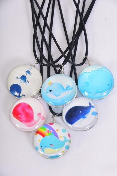 Necklace Whale Double Sided Glass Dome / 12 pcs = Dozen  match 03438 Pendant Size-1.25" Wide , Necklace 18" Long Extension Chain , 2 of each Pattern Asst , Hang Tag & OPP Bag & UPC Code