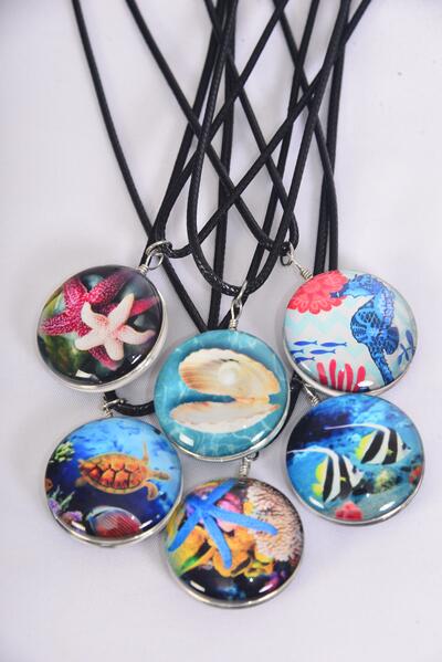Necklace Under the Sea Ocean Creatures Double Sided Glass Dome / 12 pcs = Dozen  match 03417 Pendant Size-1.25 inch Wide , 18" Long Extension Chain , 2 of each Pattern Asst , Hang Tag & OPP Bag & UPC Code