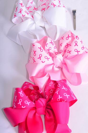 Hair Bow Jumbo Pink Ribbon Breast Cancer Awareness Grosgrain Bow-tie / 12 pcs Bow = Dozen Alligator Clip , Size - 6" x 5 Wide , 4 White , 4 Baby Pink , 4 Fuchsia Color Asst , Clip Strip & UPC Code