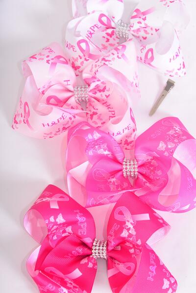 Hair Bow Jumbo Pink Ribbon Hope Grosgrain Bow-tie / 12 pcs Bow = Dozen Alligator Clip , Size - 6" x 5 Wide , 3 White , 3 Baby Pink , 3 Hot Pink , 3 Fuchsia Color Asst , Clip Strip & UPC Code