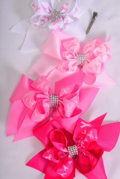 Hair Bow Jumbo Double Layered Pink Ribbon Grosgrain Bow-tie / 12 pcs Bow = Dozen  Alligator Clip , Size - 6" x 5 Wide , 3 White , 3 Baby Pink , 3 Hot Pink , 3 Fuchsia Color Asst , Clip Strip & UPC Code