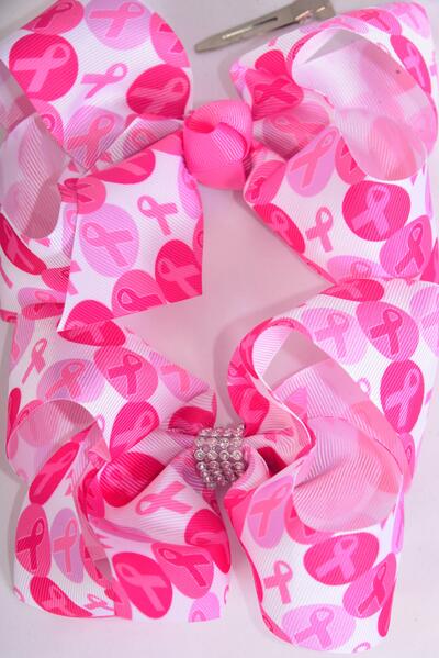Hair Bow Jumbo Pink Ribbon Grosgrain Bow-tie / 12 pcs Bow = Dozen Alligator Clip , Size - 6" x 5" Wide , Clip Strip and UPC Code