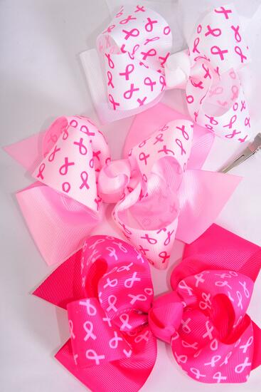 Hair Bow Jumbo Double Layered Pink Ribbon Grosgrain Bow-tie / 12 pcs Bow = Dozen Alligator Clip , Size - 6" x 5 Wide , 4 White , 4 Baby Pink , 4 Fuchsia Color Asst , Clip Strip & UPC Code