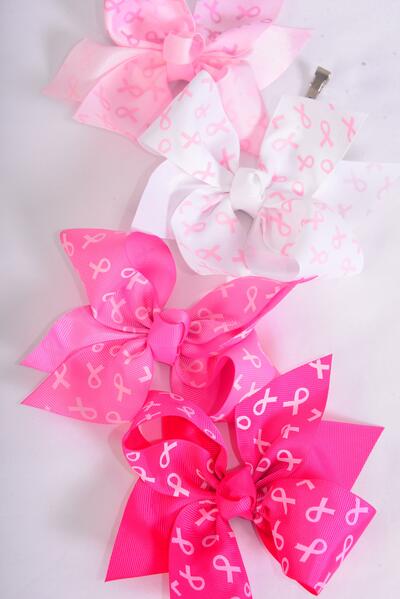 Hair Bow Jumbo Pink Ribbon Grosgrain Bow-tie / 12 pcs Bow = Dozen Alligator Clip , Size - 6" x 5 Wide , 3 White , 3 Baby Pink , 3 Hot Pink , 3 Fuchsia Color Asst , Clip Strip & UPC Code