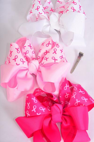 Hair Bow Jumbo Pink Ribbon Grosgrain Bow-tie / 12 pcs Bow = Dozen Alligator Clip , Size- 6"x 5 Wide , 4 White , 4 Baby Pink , 4 Fuchsia Color Asst , Clip Strip & UPC Code