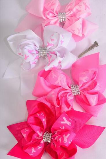 Hair Bow Jumbo Double Layered Pink Ribbon Grosgrain Bow-tie / 12 pcs Bow = Dozen  Alligator Clip , Size - 6" x 5 Wide , 3 White , 3 Baby Pink , 3 Hot Pink , 3 Fuchsia Color Asst , Clip Strip & UPC Code