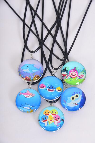 Necklace Happy Shark Under the Sea Double Sided Glass Dome / 12 pcs = Dozen  match 03440 Pendant Size-1.25" Wide , Necklace 18" Long Extension Chain , 2 of each Pattern Asst , Hang Tag & OPP Bag & UPC Code