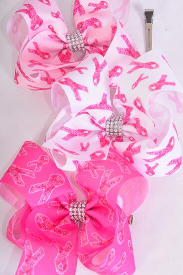 Hair Bow Jumbo Pink Ribbon Grosgrain Bow-tie / 12 pcs Bow = Dozen Alligator Clip , Size - 6" x 5 Wide , 4 White , 4 Baby Pink , 4 Hot Pink Color Asst , Clip Strip & UPC Code